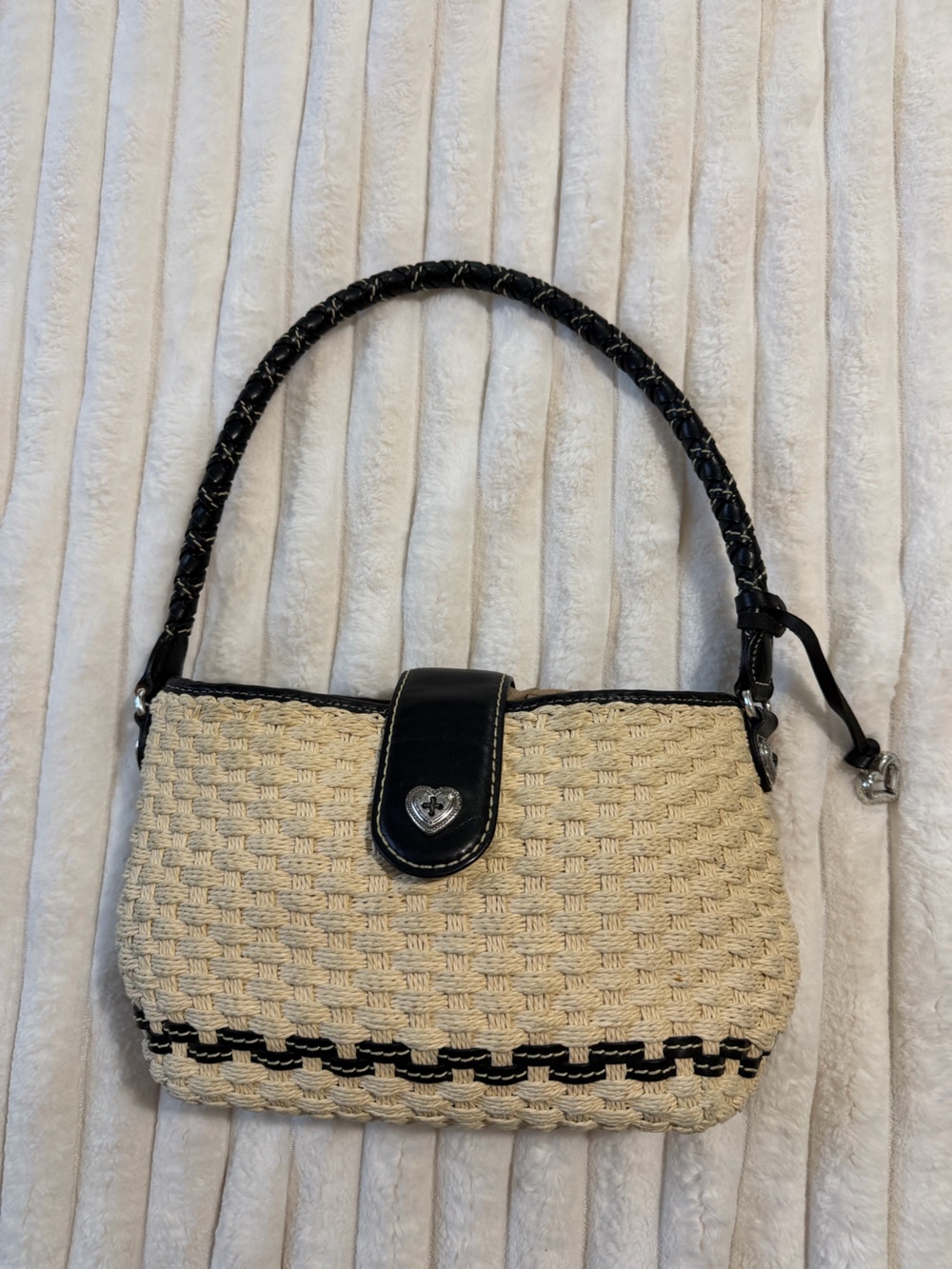 Brighton Beige Woven Shoulder Bag with Black Trim